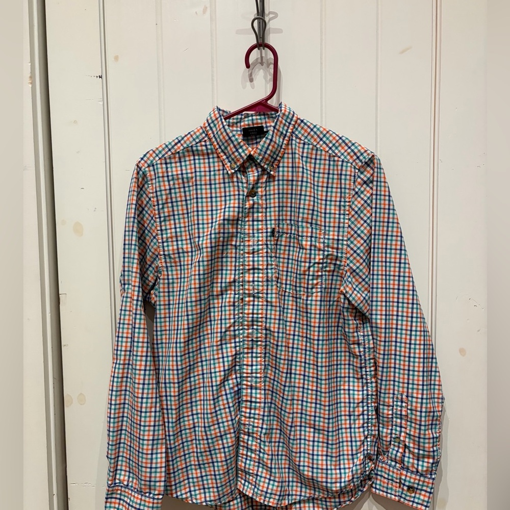 Kavu Men's Blue and Orange Plaid Shirt